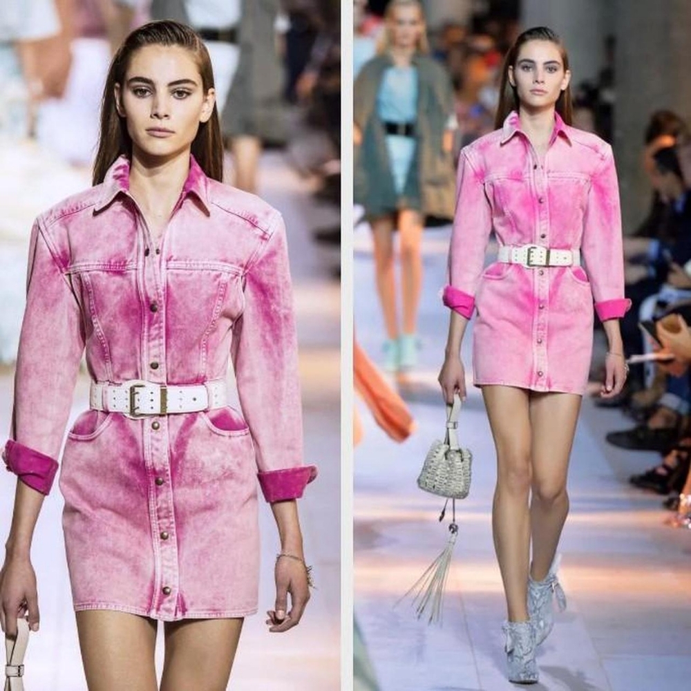 Roberto Cavalli 2016 Pink Acid Washed Denim Western Style Long Sleeve Mini Dress